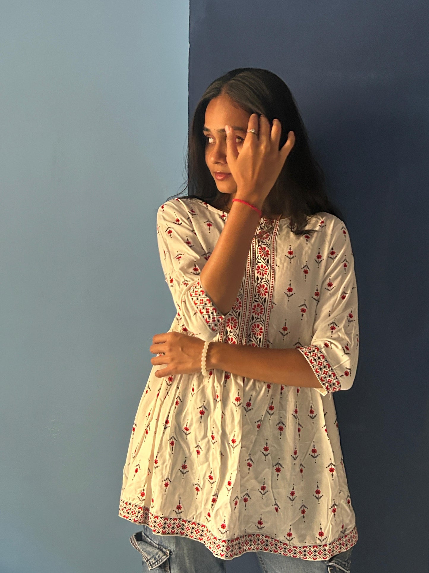 White & Red Short Kurti - NYRA