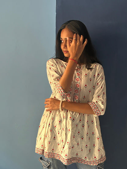 White & Red Short Kurti - NYRA