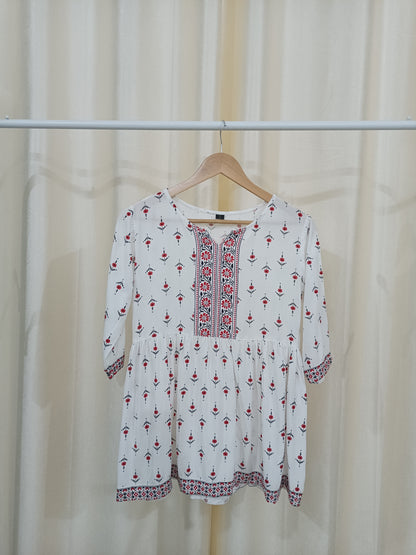 White & Red Short Kurti - NYRA