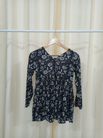 Black Flowers Flared  Short Kurti - NYRA