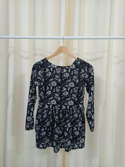 Black Flowers Flared  Short Kurti - NYRA