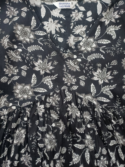 Black Flowers Flared  Short Kurti - NYRA